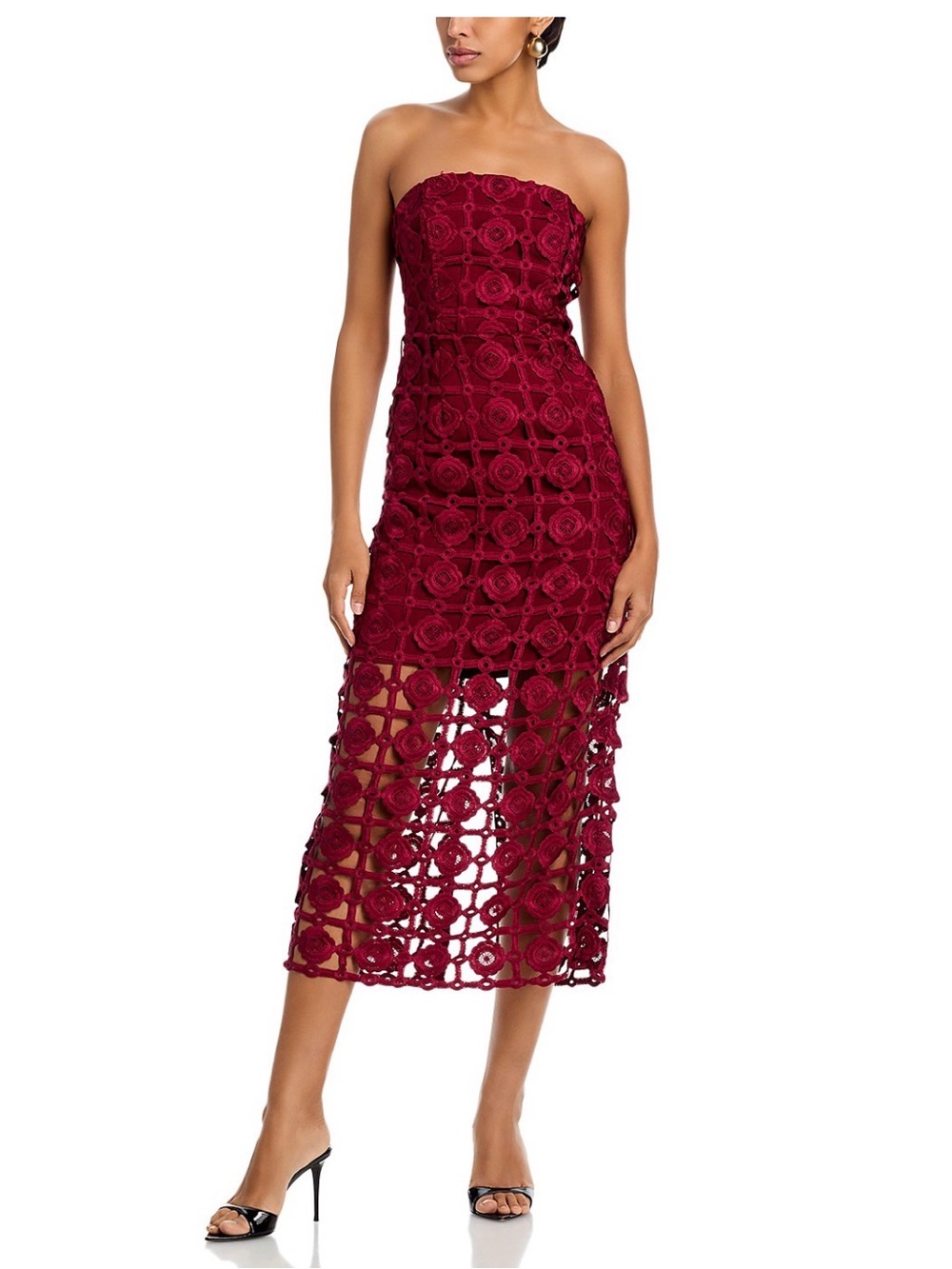 NWT MILLY Kait Tile Lace Strapless Burgundy Midi Dress Size 4 - Picture 2 of 6